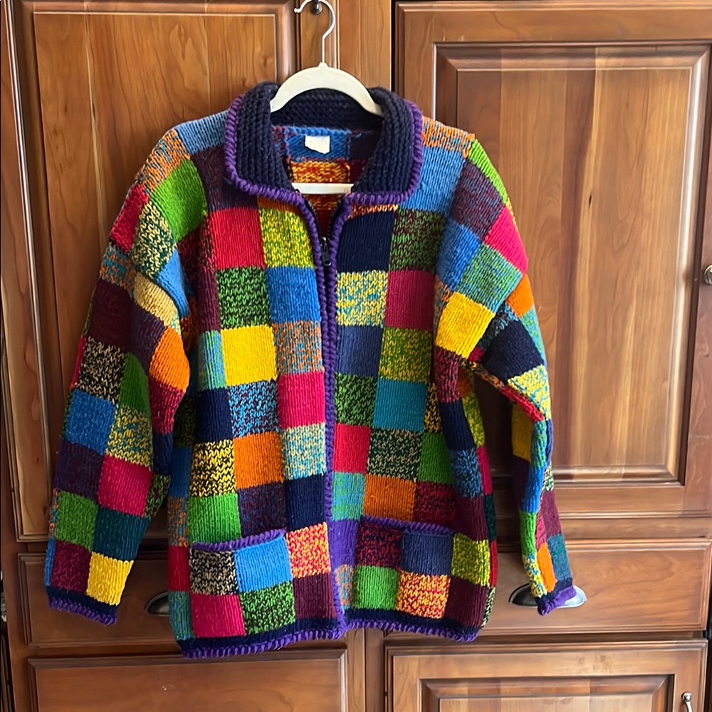 Vintage Hand Knit Chunky Cardigan Sweater with Vibrant Patchwork